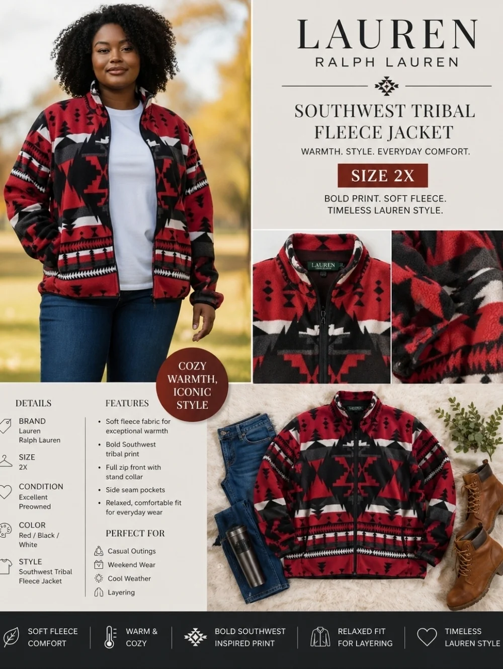Sz 2x Lauren Active Ralph Lauren South West Tribal Fleece Full Zip Jacket - Picture 11 of 11